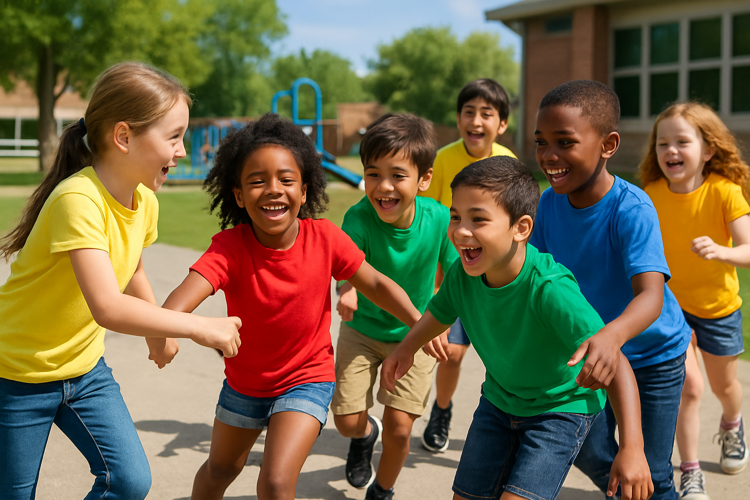 school kids playing wearing shirts and having fun